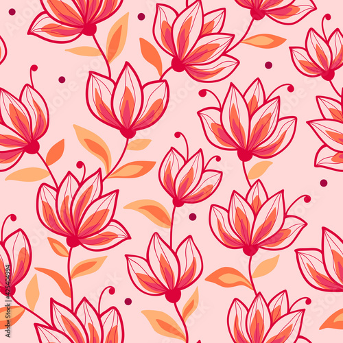 Fantasy red flowers with yellow and orange leaves on a pink background. Seamless floral doodle pattern. Suitable for textile, packaging, wallpaper.