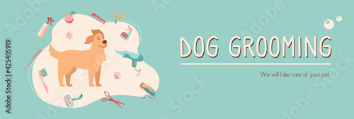 Animal grooming web banner. Pet haircut in cartoon style. Golden Retriever and grooming products, shampoos, wire cutters, combs, scissors. Vector. Landing page isolated on white.
