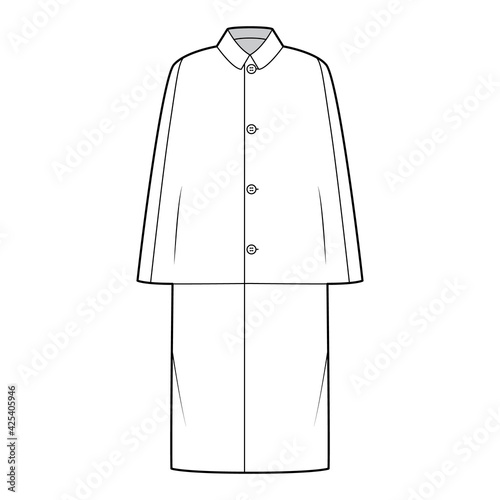 Inverness coat cape technical fashion illustration with long sleeves, round lapel collar, oversized body, midi length. Flat jacket template front, white color style. Women, men, unisex top CAD mockup