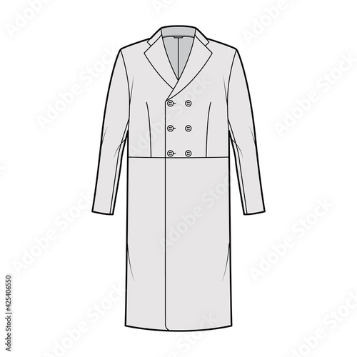 Edwardian Frock jacket technical fashion illustration with long sleeves, notched collar, knee length, double breasted. Flat coat template front, grey color style. Women, men, unisex top CAD mockup