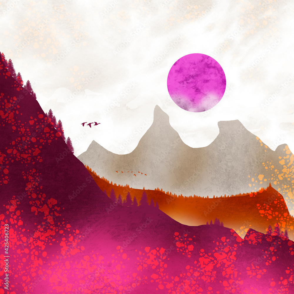 Landscape with purple mountains and birds flying