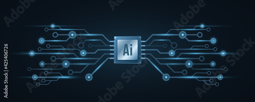 CPU background. Artificial intelligence concept. Computer circuit board. High tech motherboard glow in the dark. Modern technology background. Vector illustration.