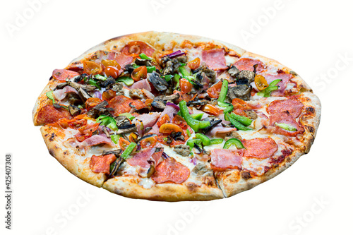 Italian pizza with bacon, cheese, cherry tomatoes, mushrooms, onion, garlic and paprika isolated on white background