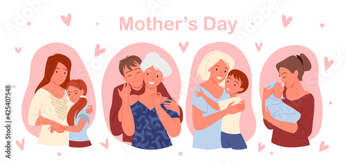 Happy mothers day concept with cute family people love, care and hug vector illustration set. Cartoon child son and daughter hugging mother, motherhood and childhood pink greeting card template.