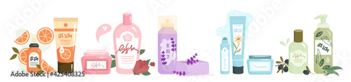 Cartoon human hand holding lavender soap bar, natural cosmetic products from herbs plants, flowers and leaves. Spa skincare isolated on white.