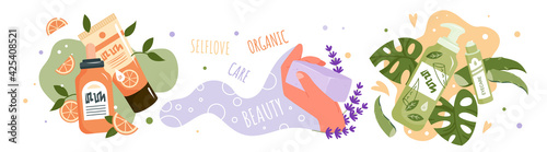 Organic cosmetics for skin care set, human hand holding natural lavender soap bar