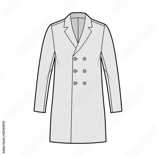 Classic coat technical fashion illustration with thigh length, long sleeves, notched shawl collar, oversized body. Flat jacket template front, grey color style. Women, men, unisex top CAD mockup