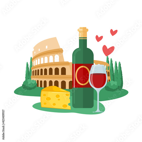 Travel to Italy, italian antique architecture landmark colosseum, bottle of wine, cheese
