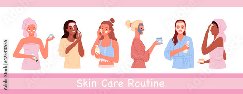 Beauty skincare for woman, young happy beautiful female characters clean care face skin