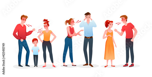 Family or couple people quarrel set, angry man and woman have argument, quarreling