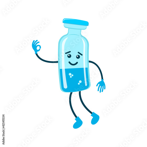 Cute cartoon vaccine character smiles and shows OK gesture. Drug vial in childish style isolated on white background. Medicine or vaccination theme for kids. Vector illustration.