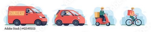 Online delivery service concept, .safe quarantine. A courier in a medical mask on a bicycle, a moped, an electric car and a cargo van for delivery. Set of vector illustrations flat, transport, red