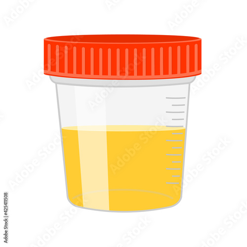 Urinalysis. Urine sample in plastic container. Laboratory examination and diagnostics concept. Vector cartoon illustration.