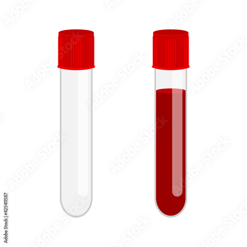 Glass test tube empty and full with blood sample isolated on white background. Blood medical analysis icon. Vector flat illustration.