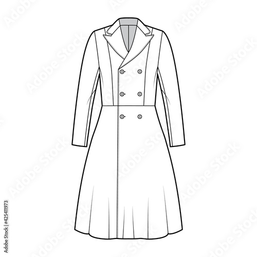 Redingote coat technical fashion illustration with double breasted, fitted, long sleeves, peak lapel collar, knee length. Flat jacket template front, white color style. Women men unisex top CAD mockup