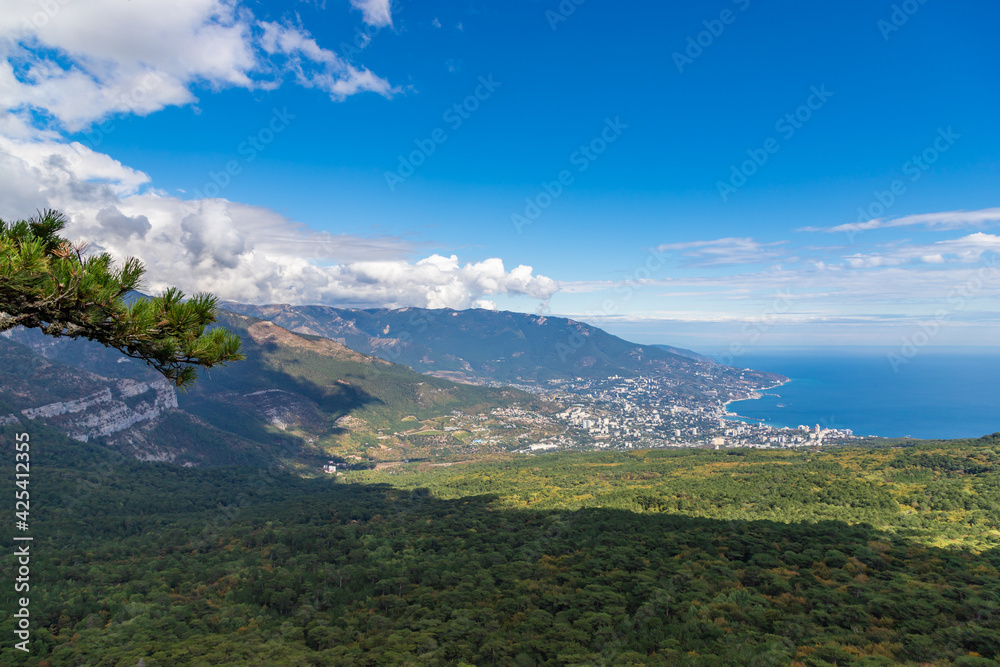 Aerial view to Yalta town from mountain road viewpoint. Crimea