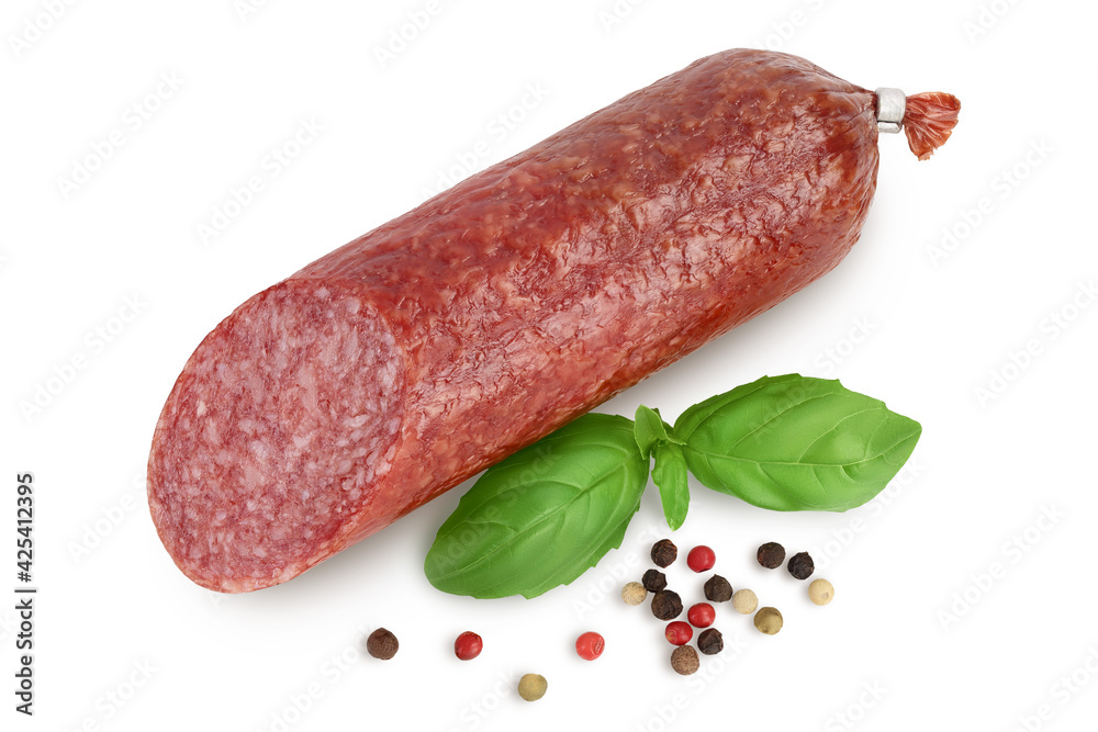 Smoked sausage salami isolated on white background with clipping path and full depth of field. Top view. Flat lay