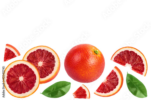 Blood red oranges slices isolated on white background with clipping path. Top view with copy space for your text. Flat lay