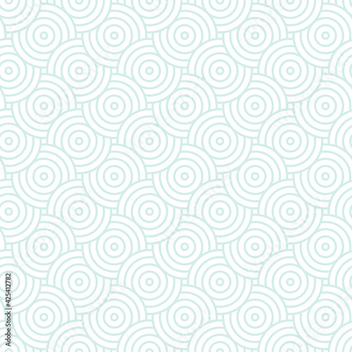 Blue and white intersecting repeating circles pattern. Japanese style circles seamless background. Endless repeated texture. Vector illustration. Minimal oriental vector graphic © NinaBrai