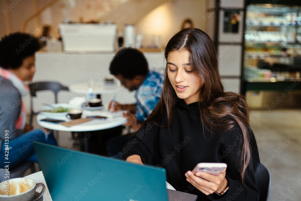 Portrait of female student using net-book while sitting in cafe