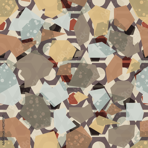 Abstract fantasy hexagon, triangle geometric seamless pattern. Creative mosaic, tile background.