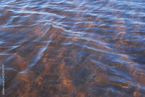 The surface of clear water with small waves. A close-up of a clear river water with a brown bottom from the sand. The reflections of the sun's rays paint the bottom of the river in golden tones.