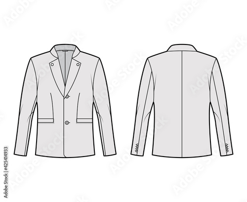 Tyrolean jacket tuxedo technical fashion illustration with long sleeves, stand lapel collar, welt pockets. Flat Austrian coat template front, back, grey color style. Women, men, unisex top CAD mockup