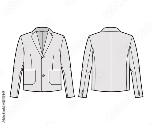 Blazer jacket suit technical fashion illustration with long sleeves, notched lapel collar, patch pockets, oversized body. Flat coat template front, back, grey color. Women, men, unisex top CAD mockup