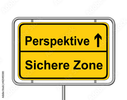 Ortsschild / Schild „Sichere Zone-Perspektive“ in gelb,
Vektor Illustration isoliert auf weißem Hintergrund

