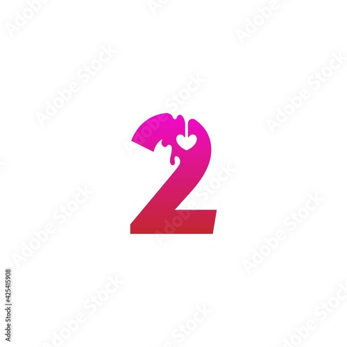 Number 2 logo icon with melting love symbol design template