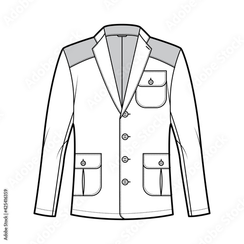 Hunting Shooting jacket technical fashion illustration with long sleeves, notched collar, flap pockets, Trim, Shoulder Elbow Patch. Flat coat template front, white color style. Women Blazer CAD mockup