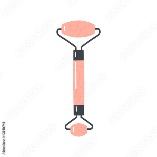 Skin care products for SPA. Massage roller, gua sha stone isolated on white background. Home beauty routine concept. Flat vector hand drawn illustration. 