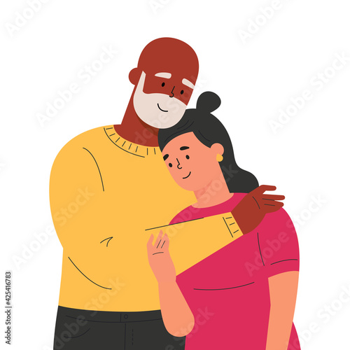 Happy adult daughter hugging old father feeling love to each other. Portrait of young woman hugging her grandpa. Friendly family relationship. Cartoon vector flat illustration on white background. 