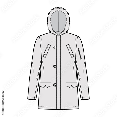 N-3B flight parka technical fashion illustration with oversized, fur hood, long sleeves, flap pockets, button loop opening. Flat coat template front, grey color style. Women men unisex top CAD mockup photo