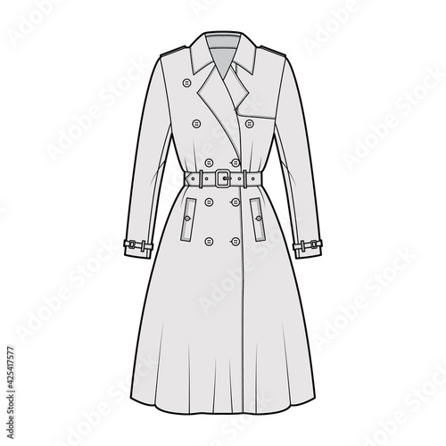 Full Trench coat technical fashion illustration with belt, double breasted, long sleeves, napoleon wide lapel collar. Flat jacket template front, grey color style. Women, men, unisex top CAD mockup