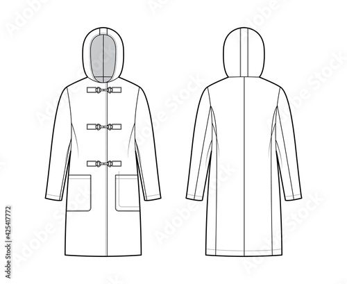 Clasp coat technical fashion illustration with long sleeves, hood, oversized body, patch pockets, knee length. Flat jacket template front, back, white color style. Women, men, unisex top CAD mockup