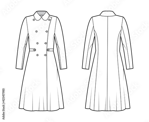 Skating coat technical fashion illustration with tabs, double breasted, round collar, knee length, A-line silhouette. Flat jacket template front, back, white color style. Women, men top CAD mockup