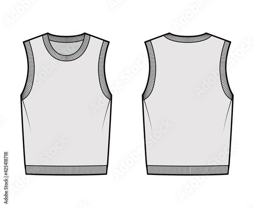 Pullover vest sweater waistcoat technical fashion illustration with sleeveless, rib knit round neckline, oversized body. Flat template front, back, grey color style. Women, men, unisex top CAD mockup