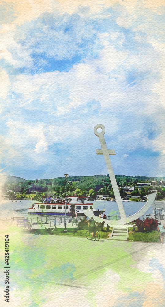 Fototapeta premium Watercolor pattern of Pier with boat and anchor colorful illustration