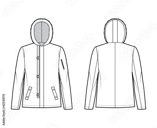 N-2B flight jacket technical fashion illustration with oversized, fur hood, long sleeves, flap pockets, button loop opening. Flat coat template front, back white color style. Women men top CAD mockup photo