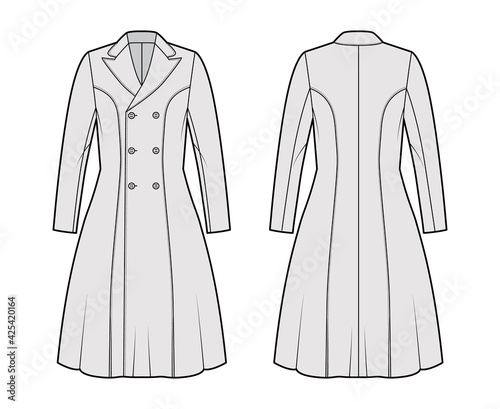 Princess line coat technical fashion illustration with double breasted, long sleeves, peak lapel collar, knee length. Flat jacket template front, back, grey color style. Women, men, unisex CAD mockup