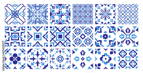 Set arabic oriental ornamental floral geometric arabesque seamless pattern tiles. Blue islamic motif seamless tiles on white background vector illustration
