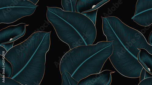 Luxurious gold seamless pattern with  calla flowers and exotic tropical leaves.