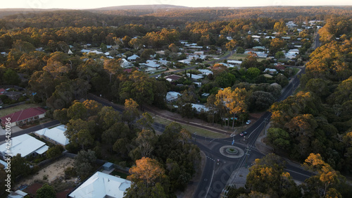 Aerial shot of Margaret River Town at sunset in Australia.