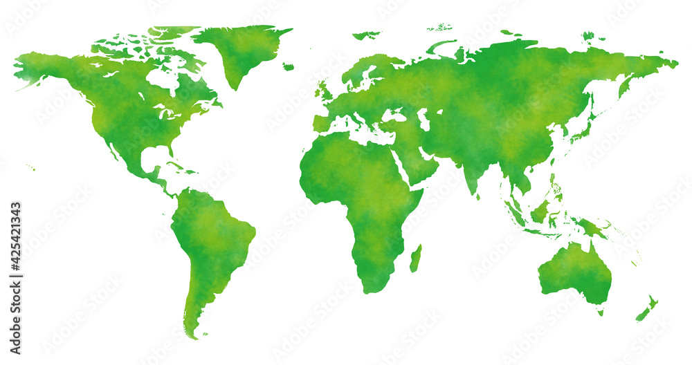 ヨーロッパを中心とした水彩風の世界地図、緑