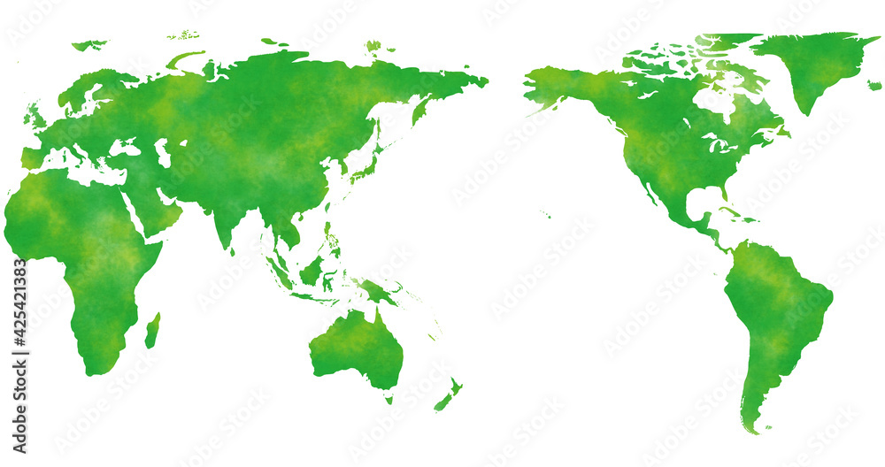 アジアを中心とした水彩風の世界地図、緑