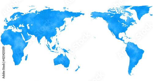 アジアを中心とした水彩風の世界地図、青