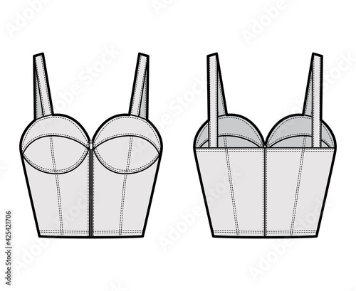 Denim bustier top technical fashion illustration with thin straps, zip-up closure, cups, slim fit, waist crop length. Flat bra template front, back, grey color style. Women, men, unisex CAD mockup
