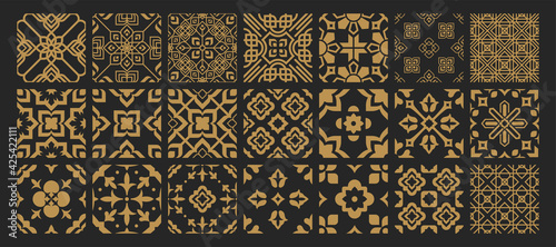 Set islamic oriental ornamental floral geometric arabesque seamless pattern tiles. Golden arabic seamless tiles on black background vector illustration