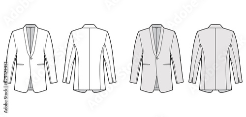 Dinner jacket tuxedo suit technical fashion illustration with long sleeves, shawl lapel collar, welt pockets, regular front cut. Flat coat template back, white, grey color style. Women, men CAD mockup